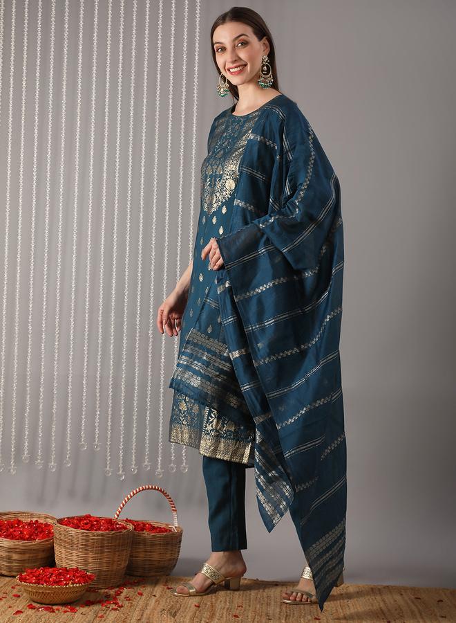 globus Women Teal Embroidered Straight Kurta with Pant and Dupatta Set - Image 1